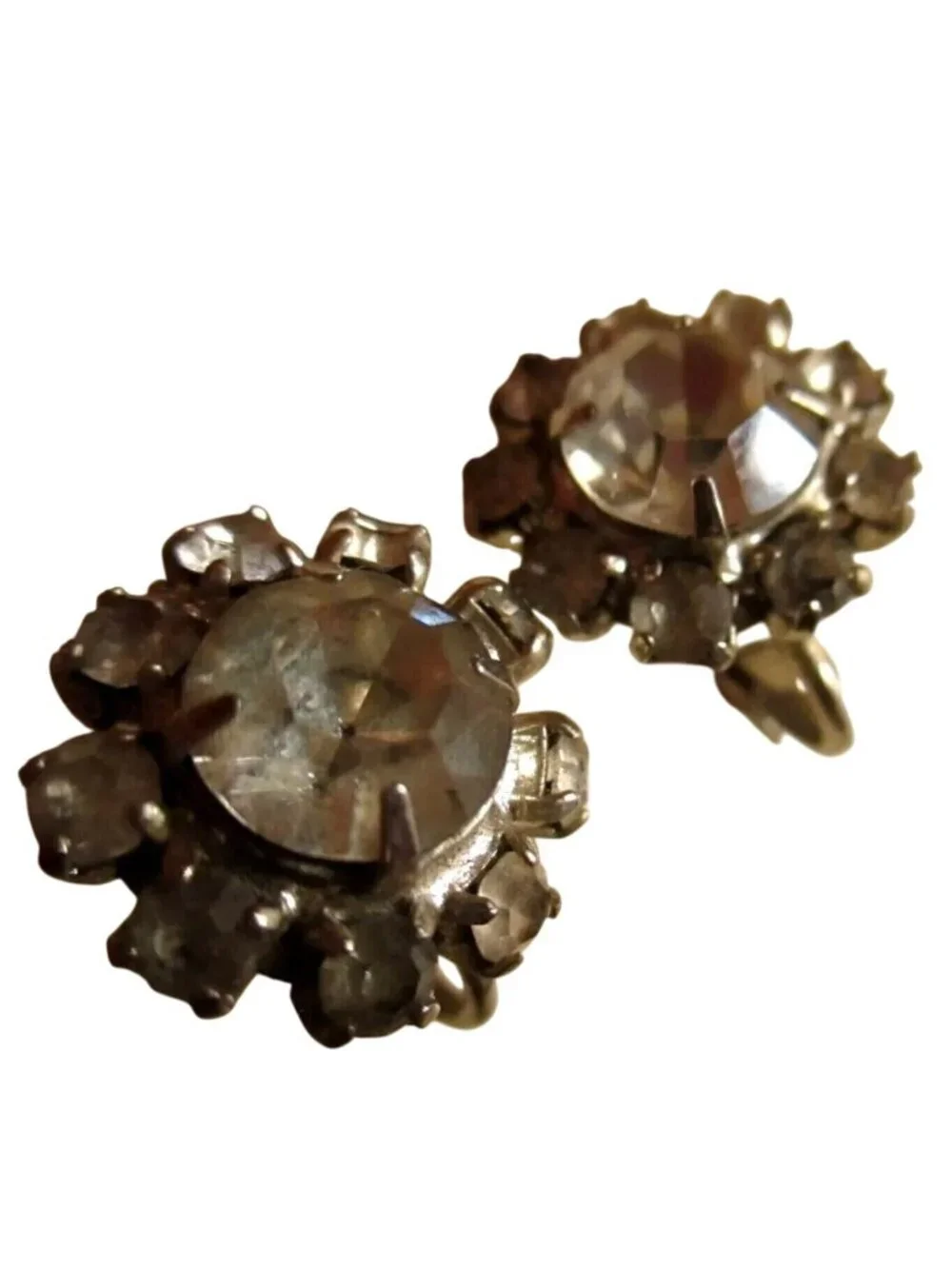 Rhinestone Clip-On Earrings Estate Vintage Silver-Tone Sparkling Floral Design
